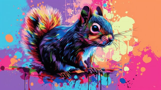  a colorful painting of a squirrel sitting on top of a piece of art with paint splatters all over it's body and a multicolored background.
