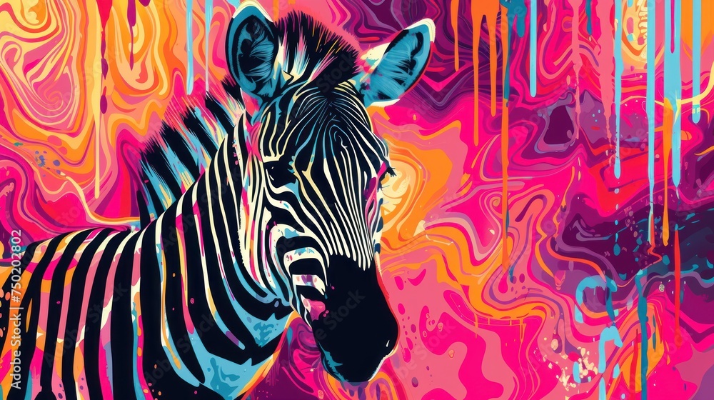 Poster a zebra is standing in front of a multicolored background with drops of paint on it's face and it's 