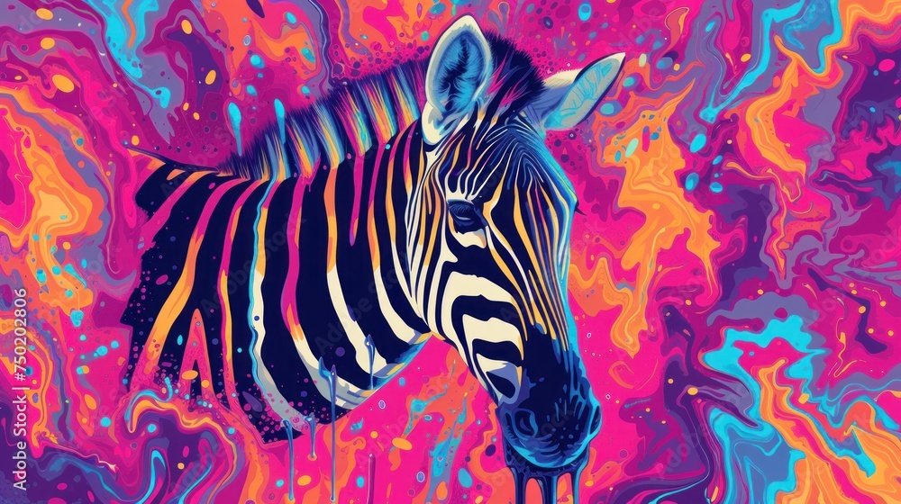 Poster a painting of a zebra standing in front of a pink and blue background with a splash of paint on the 