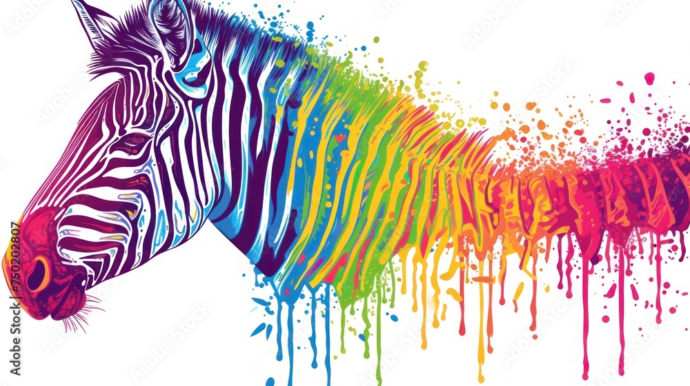 Poster a zebra standing in front of a white background with paint splatters on it's face and a multicolored