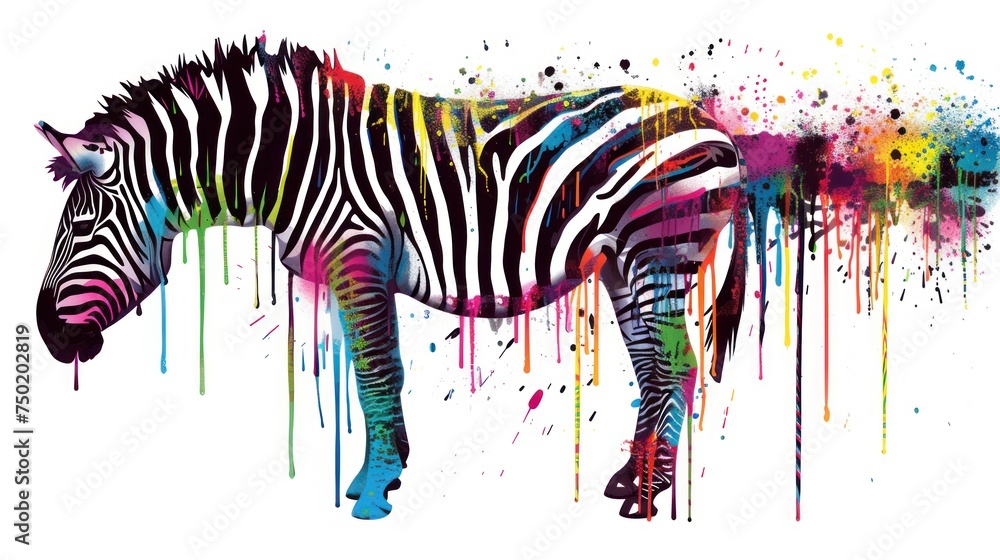 Poster a zebra standing in front of a white background with multicolored paint splatters on it's body and h