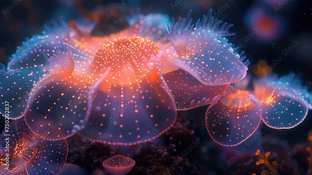 Aufkleber a close up of a sea anemone on a coral with other sea anemones on the bottom and bottom of the image