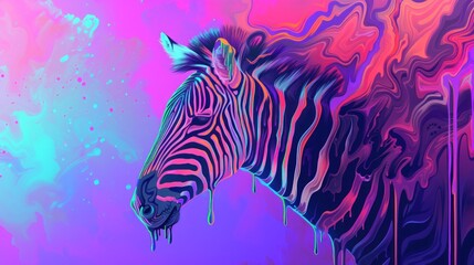 Fototapeta na wymiar a painting of a zebra standing in front of a purple, blue, and pink background with a splash of paint on the side of the zebra's head.