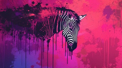  a painting of a zebra's head on a pink, purple, and blue background with a splash of paint on the left side of the zebra's head.