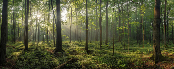 Fototapeta na wymiar A Tranquil Morning as Golden Sun Rays Illuminate the Verdant Depths of a Forest Sanctuary