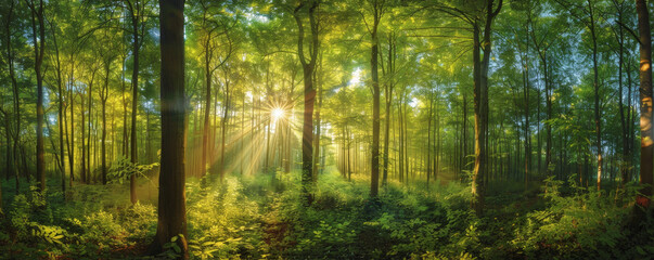 Fototapeta premium A Tranquil Morning as Golden Sun Rays Illuminate the Verdant Depths of a Forest Sanctuary