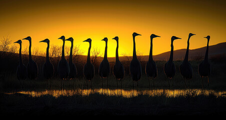  a group of birds standing next to each other near a body of water with the sun setting in the background and a line of birds standing in the foreground.