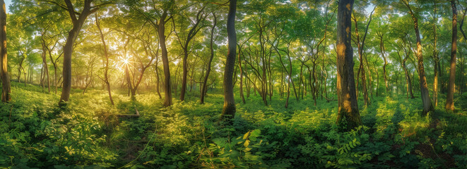 Fototapeta na wymiar A Tranquil Morning as Golden Sun Rays Illuminate the Verdant Depths of a Forest Sanctuary