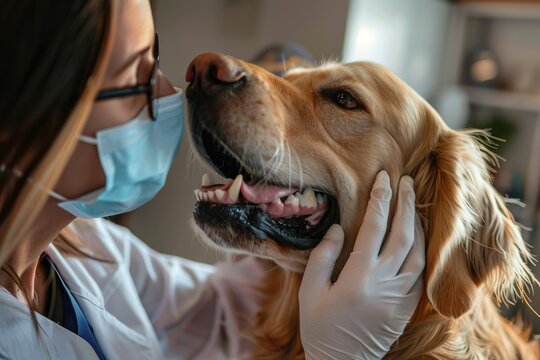 A veterinarian checks a dog's teeth in a veterinary clinic. Animal care concept.
