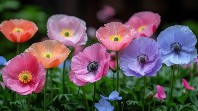  a close up of a bunch of flowers with one flower in the middle of the picture and the other in the middle of the picture with pink and blue flowers in the middle.