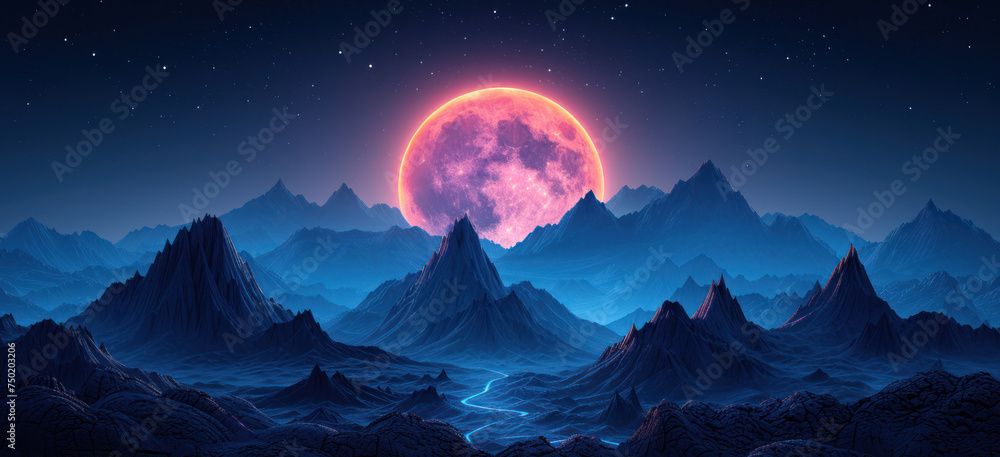 Poster a full moon over a mountain range with a river running through it and a red moon in the sky over a m