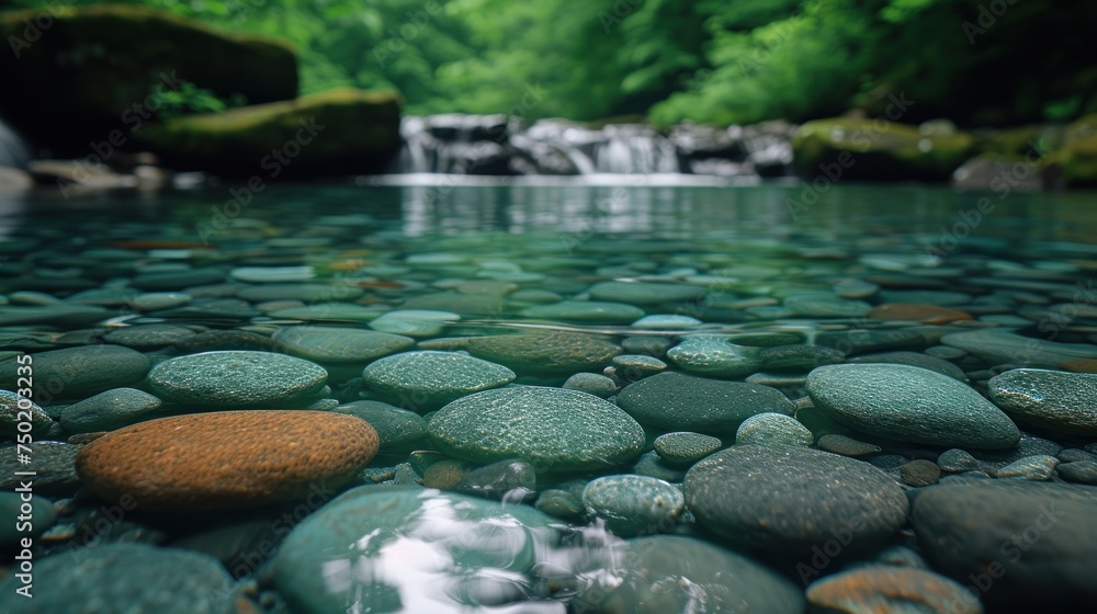 Poster a body of water filled with lots of rocks and a small waterfall in the middle of a forest filled wit