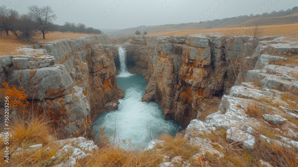 Poster a large canyon with a waterfall in the middle of it and snow on the ground and grass in the foregrou