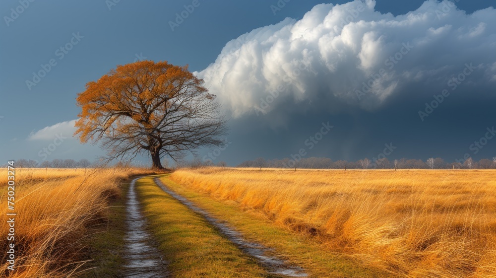 Poster a lone tree stands in the middle of a field with a path leading to it in front of a large, threateni
