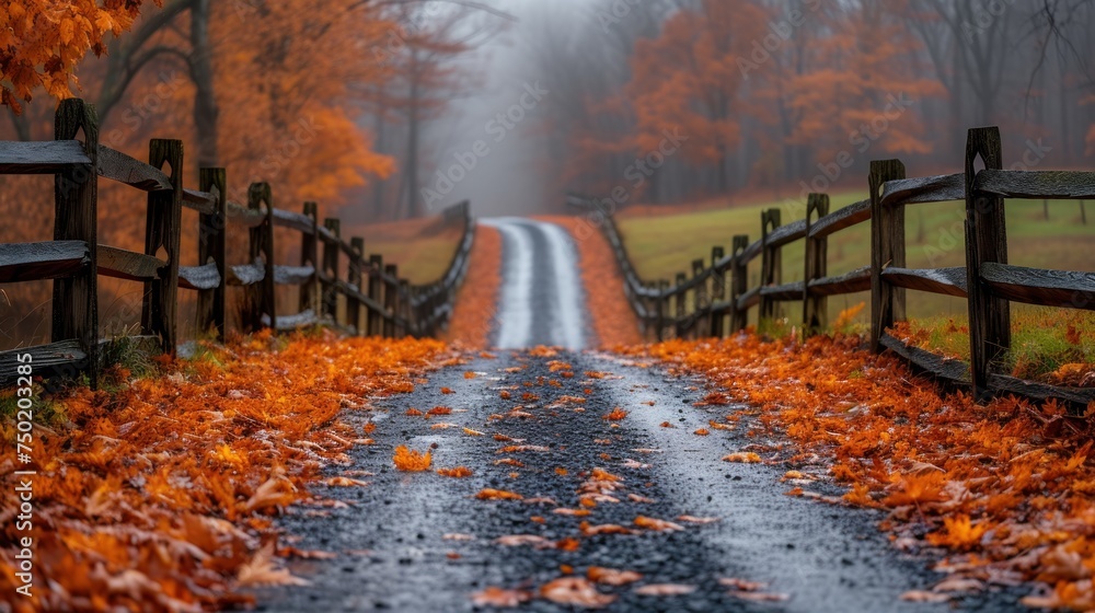 Poster a road with a wooden fence in the middle of a field with leaves on the ground and on the side of the