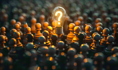 Lightbulb shines brightly with question mark filament, symbolizing curiosity and problem-solving in a diverse crowd - obrazy, fototapety, plakaty