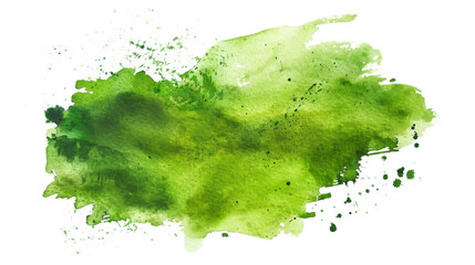 Vibrant green and dark green watercolor splash with splatters and an organic, fluid shape on a white background
