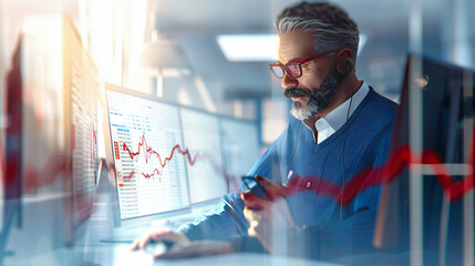 Businessman analyzing stock graphs, where finance, technology, and professional dedication meet in a modern office environment