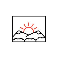 
Mountain landscape icon logo with sun. Rectangular abstract icon of sunset or sunrise. Simple vector emblem, isolated on white background.