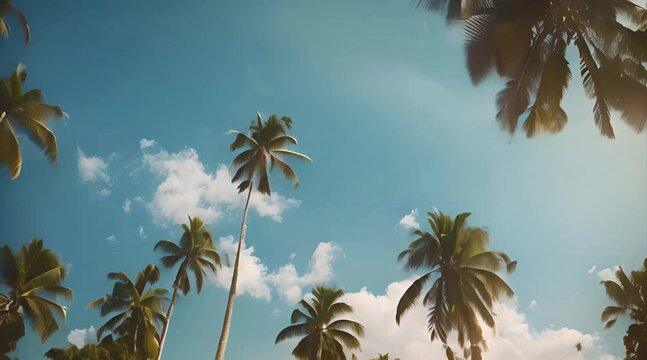 Blue sky and palm trees view from below, vintage style, tropical beach and summer background, travel concept 4K motion