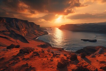 Fototapeta na wymiar beautiful orange sunset over the sea and sand
