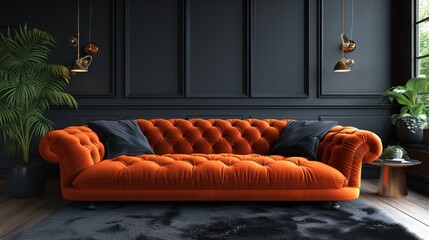  an orange couch sitting in a living room next to a black wall and a potted plant in a corner of a room with a black rug on the floor.