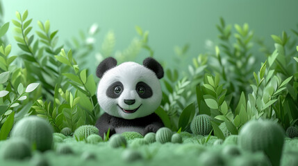  a small panda bear sitting in the middle of a field of green grass and tall grass with leaves on it's sides and a green background with a light blue sky.