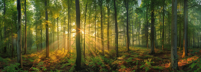 Fototapeta premium A Tranquil Morning as Golden Sun Rays Illuminate the Verdant Depths of a Forest Sanctuary