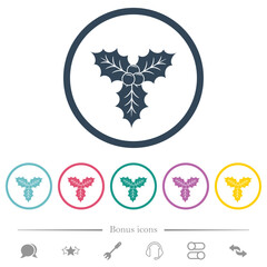 Christmas holly with berries flat color icons in round outlines
