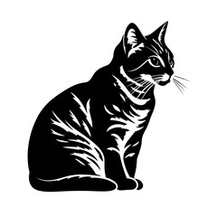 American Shorthair cat sitting silhouette black and white vector illustration isolated transparent background, logo, cut out or cutout t-shirt print design,  poster, baby products, packaging design
