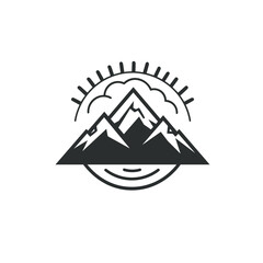 Obraz premium mountain pics and sun in sunrise and black and white vector illustration isolated transparent background, logo, cut out or cutout t-shirt print design, poster, baby products, packaging design