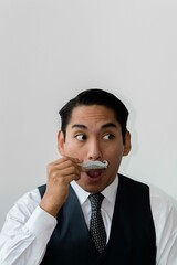Latin man with mustache comic surprise face expression