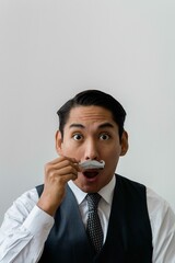 Latin man with mustache comic surprise face expression