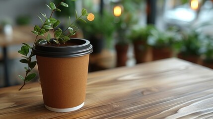  a close up of a cup on a table with a plant growing out of the top of the cup in the middle of the table is a blurry background.