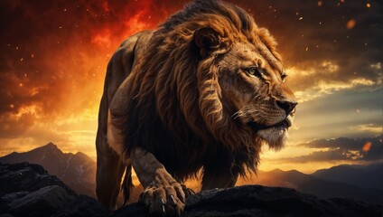 Um leão imponente, forte e audácioso, preparado para capturar sua presa, ou pode ser uma representação do leão de Judá, ou aslam, um belo leão de pelo dourado - obrazy, fototapety, plakaty