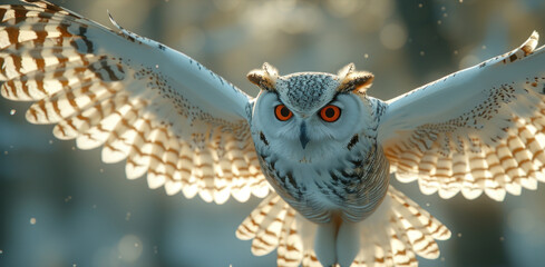  a close up of an owl flying in the air with its wings spread out and its eyes wide open, with a blurry background of trees in the foreground.
