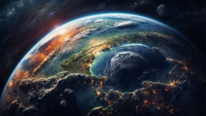 Fotobehang Imagem do planeta terra visto de cima, o planeta cercado de agua e terra e raios do sol o despontam © jobert