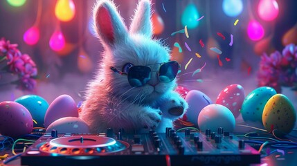 a bunny DJ at the turntable, wearing cool shades and sunglasses. easter bunny