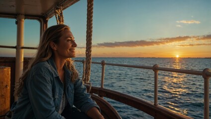 Mulher feliz e agradecida viajando em um barco em alto mar no por do sol, ela está radiante e alegre, sente-se livre e o vento rosto - obrazy, fototapety, plakaty