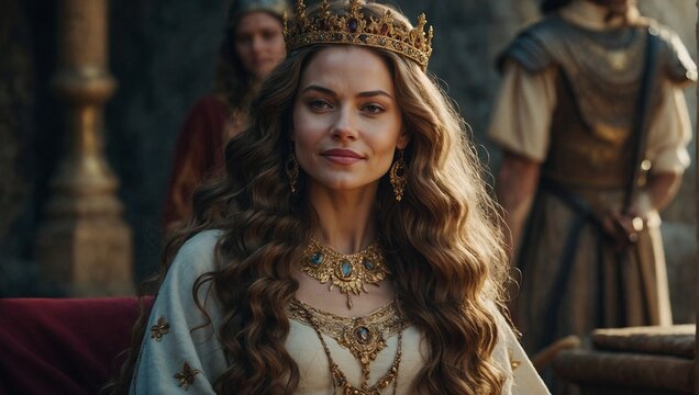 uma rainha ou princesa medieval épica, características também dos tempos da bíblia, com coroa real e joias finas olhando para o horizonte, ela é elegantes e bonita.