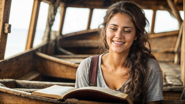 Jovem lendo um livro ou biblia a, sorrindo a bordo de um barco de viagem, uma leitura prazerosa e divertida