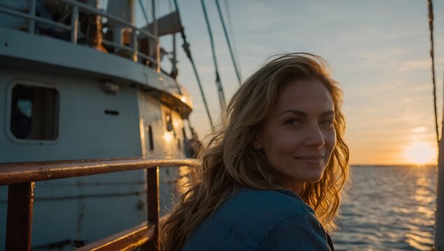 Mulher feliz viajando pelo atlântico, olhando para a câmera para foto, em um navio em alto mar, ela tem olhos e cabelos claros e um sorriso cativante