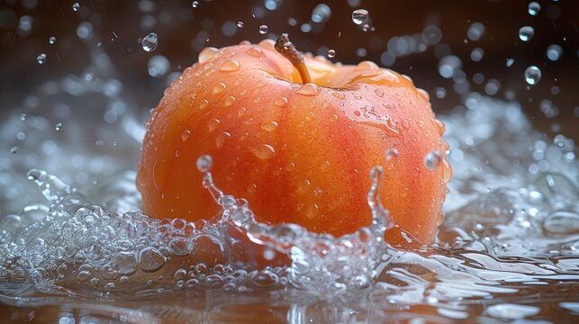  a close up of an apple in water with drops of water on the top of the apple and on the bottom of the image is a black background with a brown background.