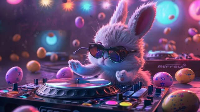 a bunny DJ at the turntable, wearing cool shades and sunglasses. easter bunny