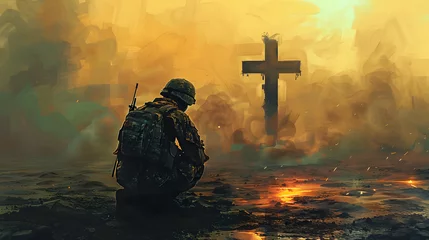 Fotobehang Christian soldier praying with cross in the background. Digital painting © Prasanth