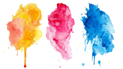 A set of three separate watercolor splashes in bold yellow, pink, and blue tones, ready for artistic use