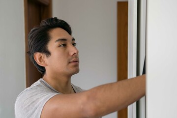 Latin man choosing clothing from his wardrobe
