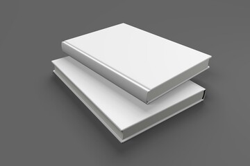 Realistic 3D book mockup illustration with 2 hard covers. Book model standing on shaded isolated grey background. 2 hardcover books. Ready for you to present your design.