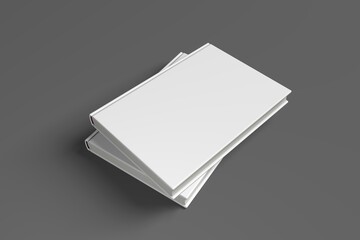 Realistic 3D book mockup illustration with 2 hard covers. Book model standing on shaded isolated grey background. 2 hardcover books. Ready for you to present your design.