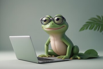 3D illustration cute frog with laptop.Feature the illustration in children's magazines with a focus on technology, education, or creativity.Technology-themed Puzzles or Games.